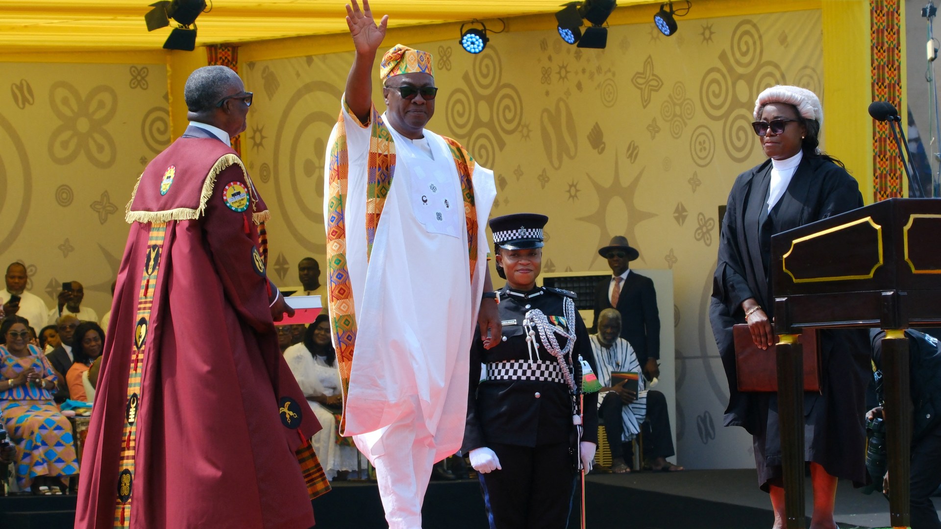Ghana's President-Elect John Dramani Mahama, waving to attendees after taking the oath of office at inauguration in Accra, January 7, 2025. Reuters Francis Kokoroko.